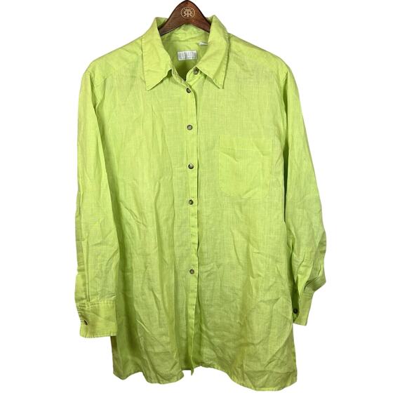 Elisabeth Women's Size 16 Button Up Shirt 100% Linen Long Sleeves Lime Green - Picture 1 of 9